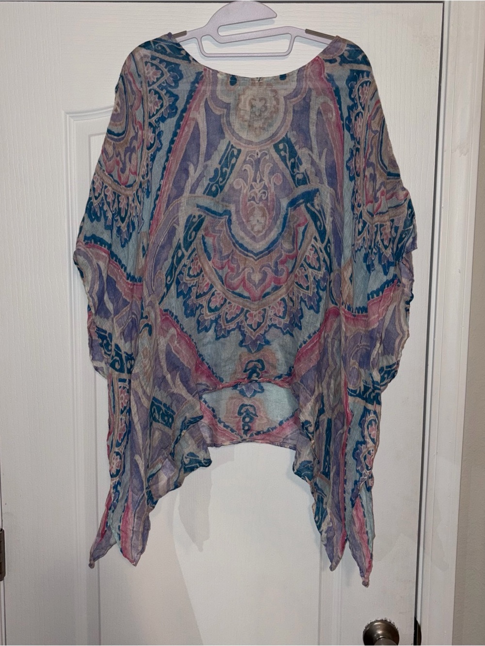 Chico's Sheer Boho Tunic in Blue, Pink, Cream 100% Linen L/XL